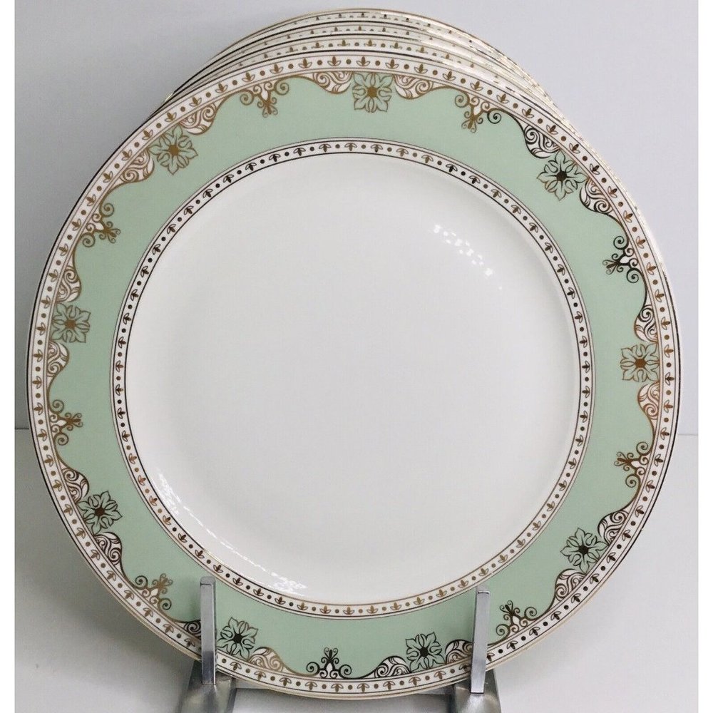 4 Dinner Plates Grace's Teaware Mint Green w/ Gold Scroll  10.5" New
